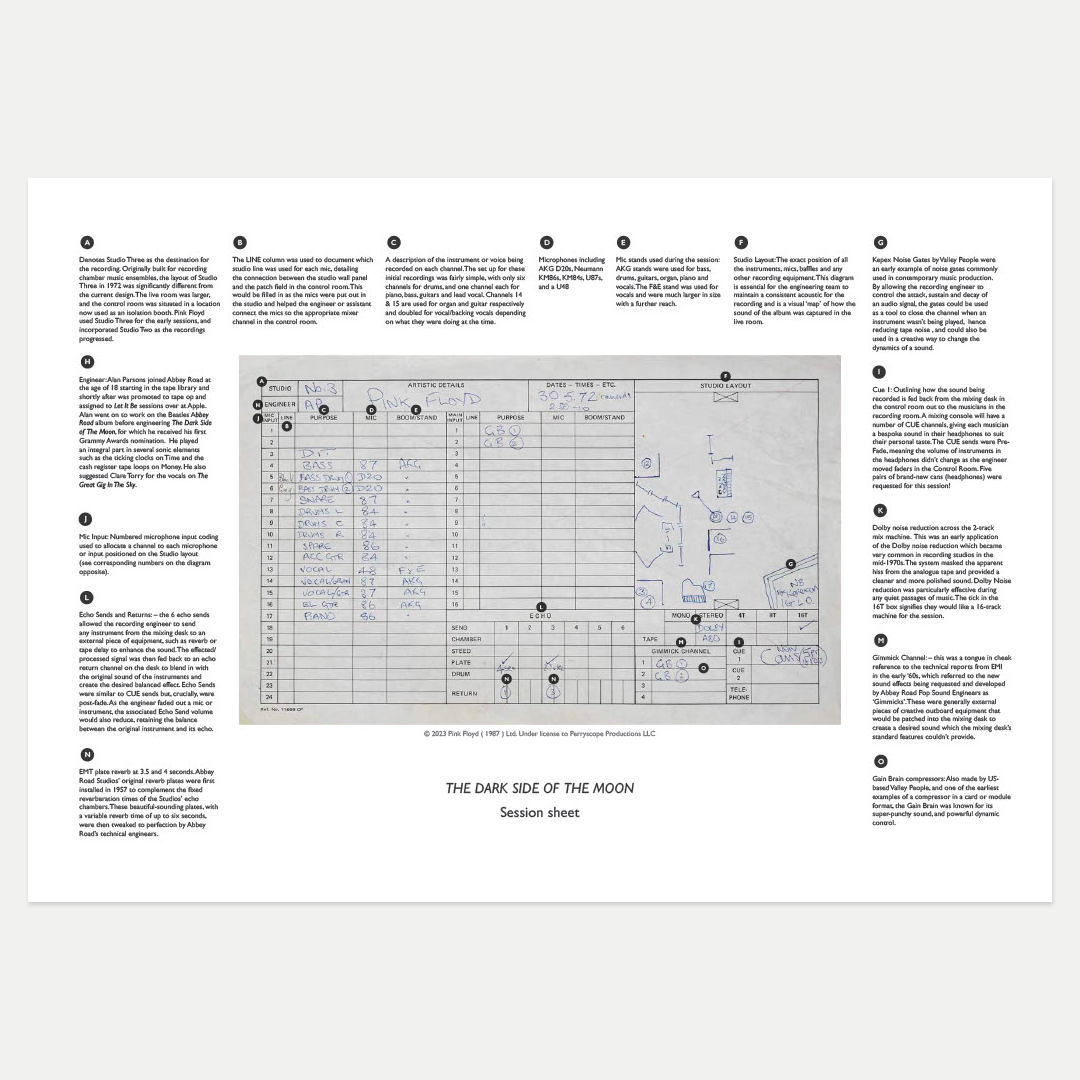 Abbey Road Studios x Pink Floyd 'The Dark Side of The Moon' Session Sheet { vinyl }