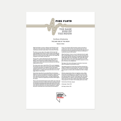 Abbey Road Studios x Pink Floyd 'The Dark Side of The Moon' Session Sheet { vinyl }